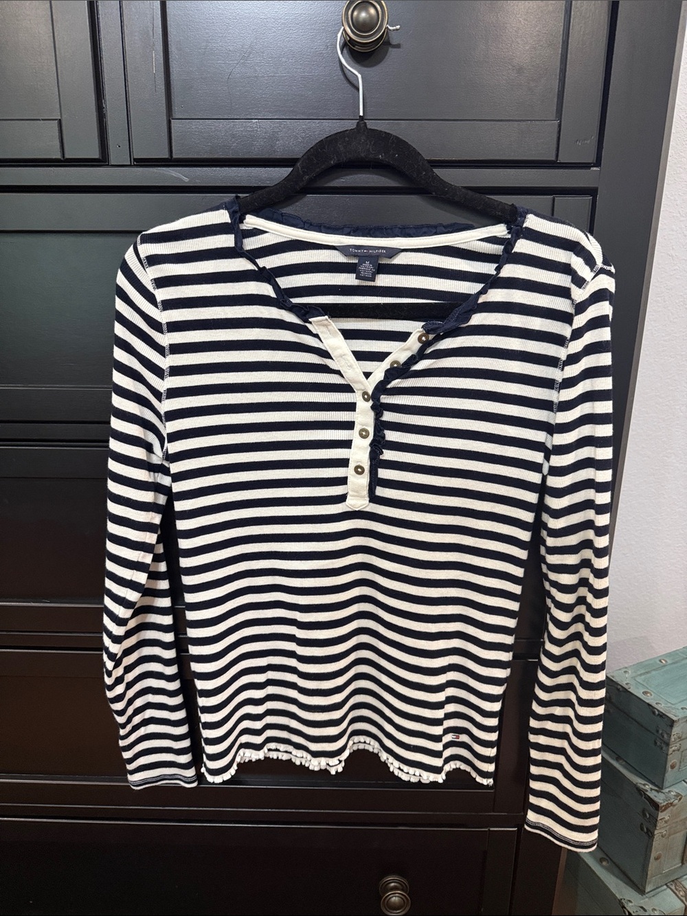 Tommy Hilfiger Navy and White Striped Long-Sleeve Henley